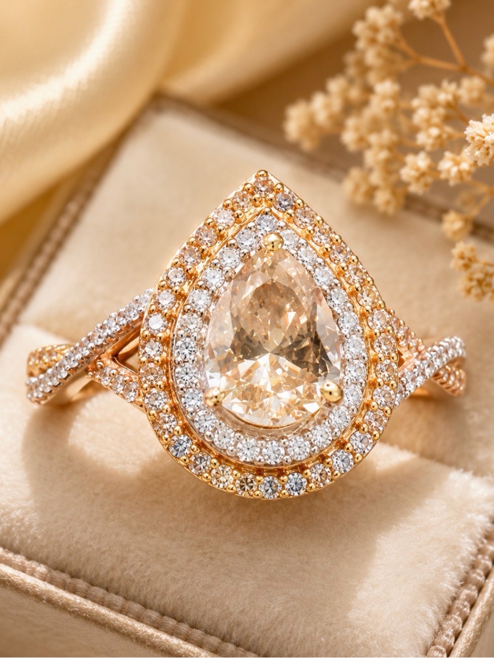 AFFINITY 14K GOLD PEAR SHAPED MORGANITE & YELLOW DIAMOND RING SIZE 8